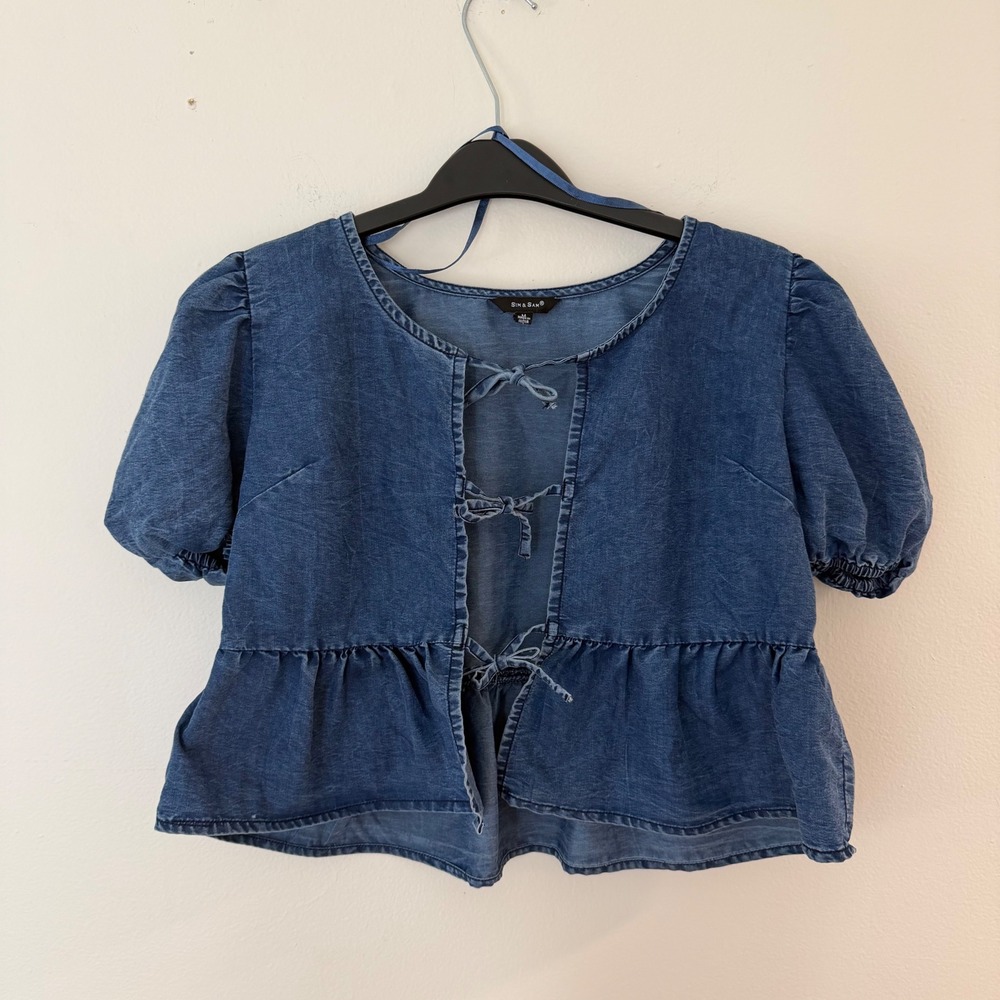 Sim & Sam Womens Top Denim Tie Front Peplum Puff‎ Sleeve Blouse Size M